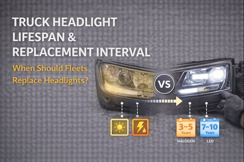 Learn the average truck headlight lifespan and replacement interval for fleet vehicles. Compare halogen vs LED headlights and discover when replacement is safer than repair.